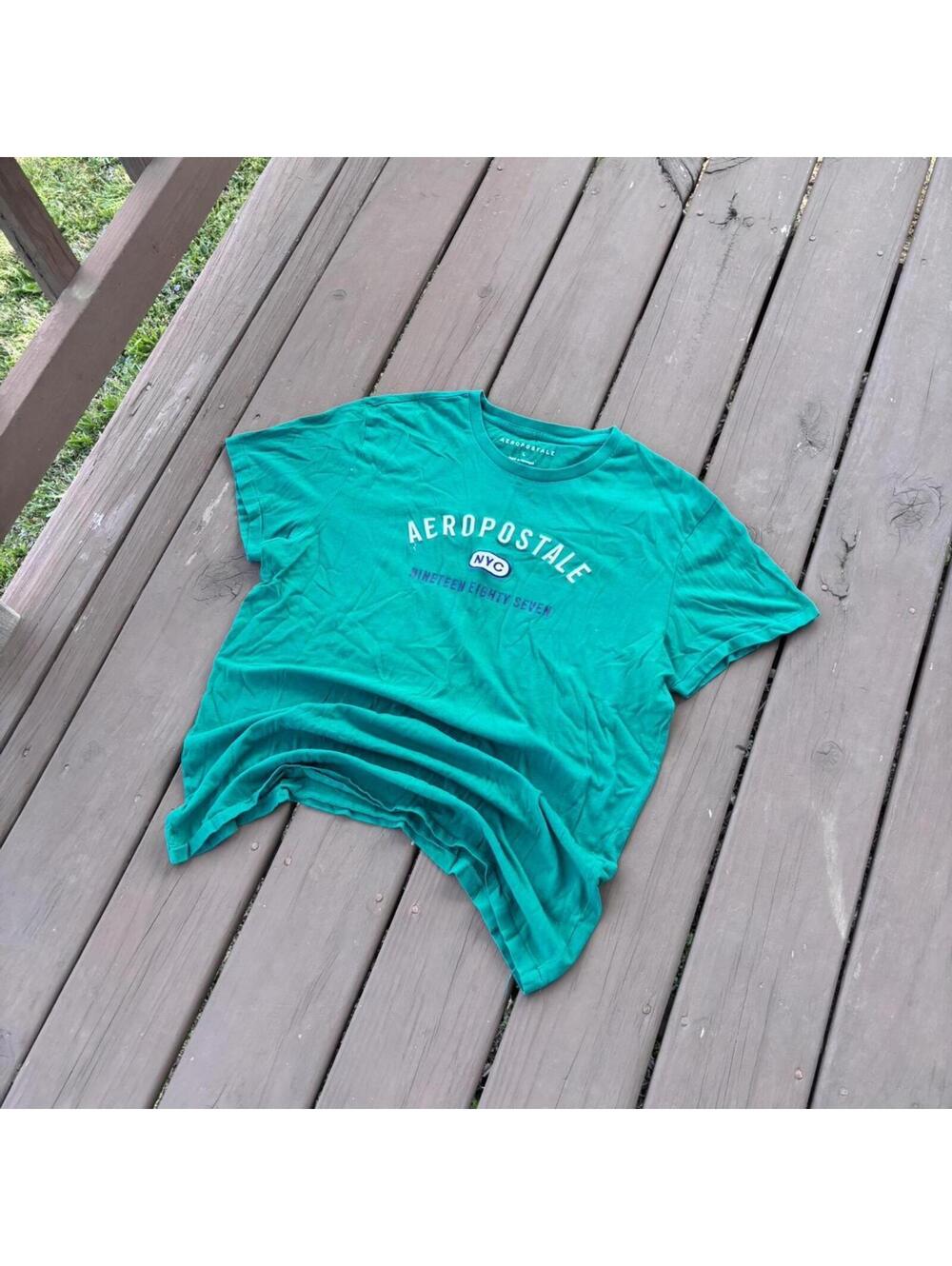 Aeropostale T-Shirt Green NYC 1987 Graphic Logo Tee Men’s Large Casual 21x26